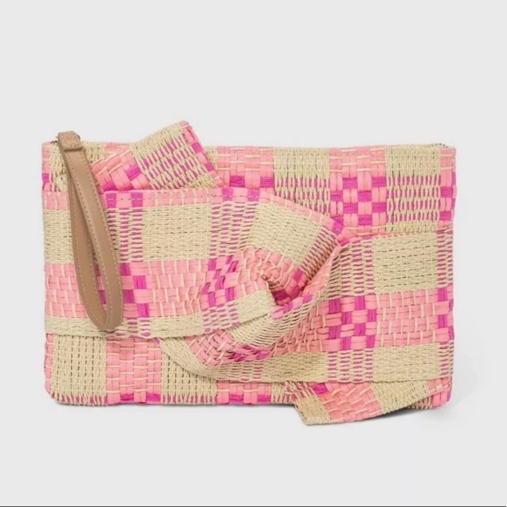 NWT A New Day Straw Pink Plaid Twist Knot Clutch/Wristlet